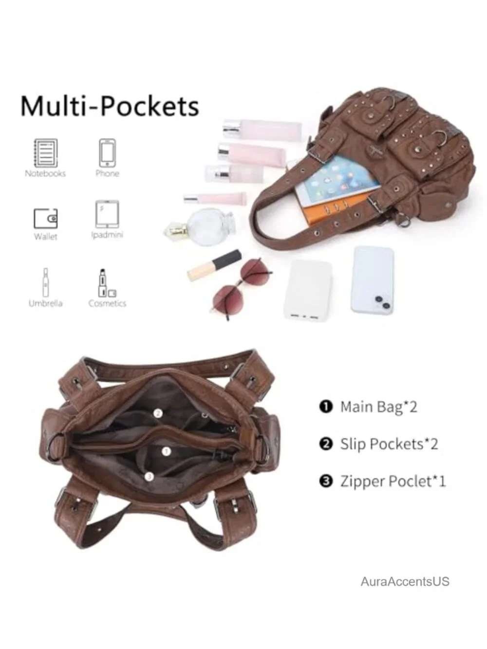 Vegan Leather Hobo Bag Multi Pocket Studded Shoulder Tote Y2K
